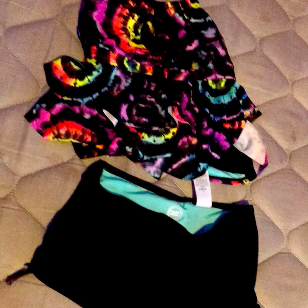 This kids 10/12 bathing suit is in the colors blue purple pink and  yellow